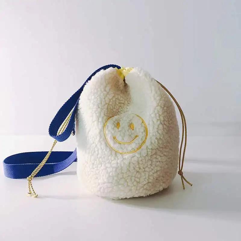 Embroidered Smiley Small Shoulder Bags for Baby Soft Plush Student Girls Smile Bucket Crossbody Bag Lamb Wool Purse